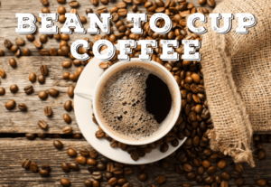 Bean to cup coffee with coffee cup and beans coming out of a sack.
