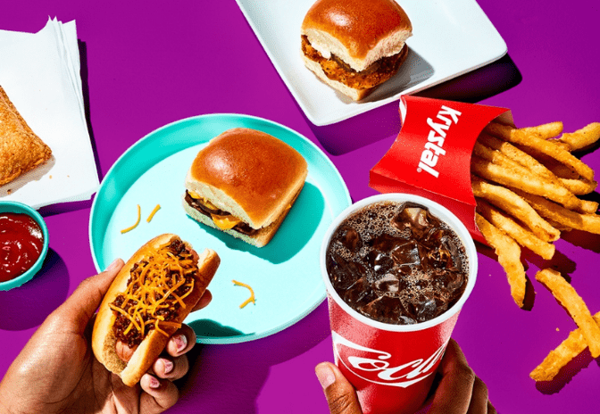 Closeup of Krystal food and a cold Coca Cola drink.