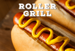 Roller grill hotdog closeup with mustard.