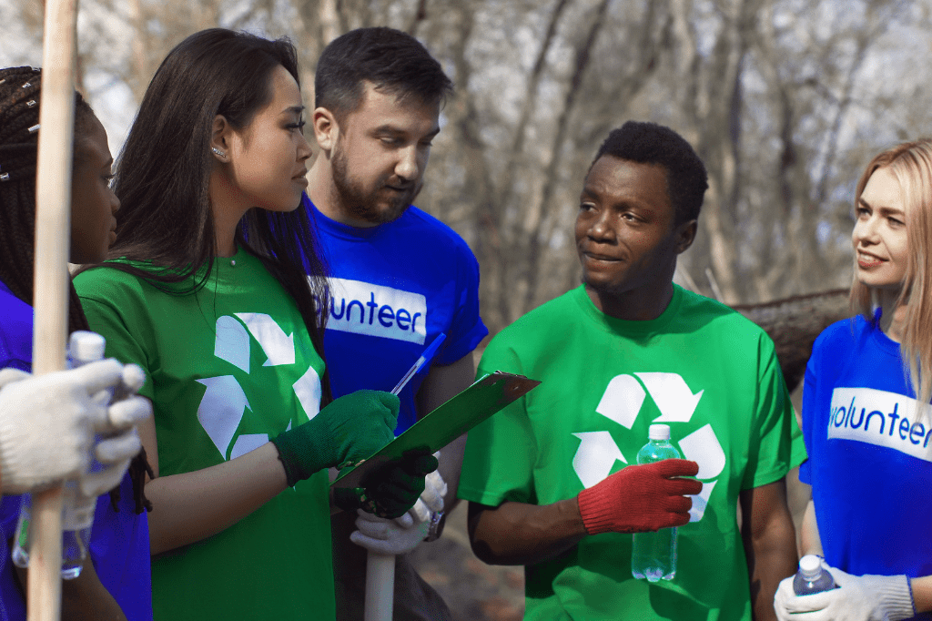 Volunteer recycling cleanup community activity.