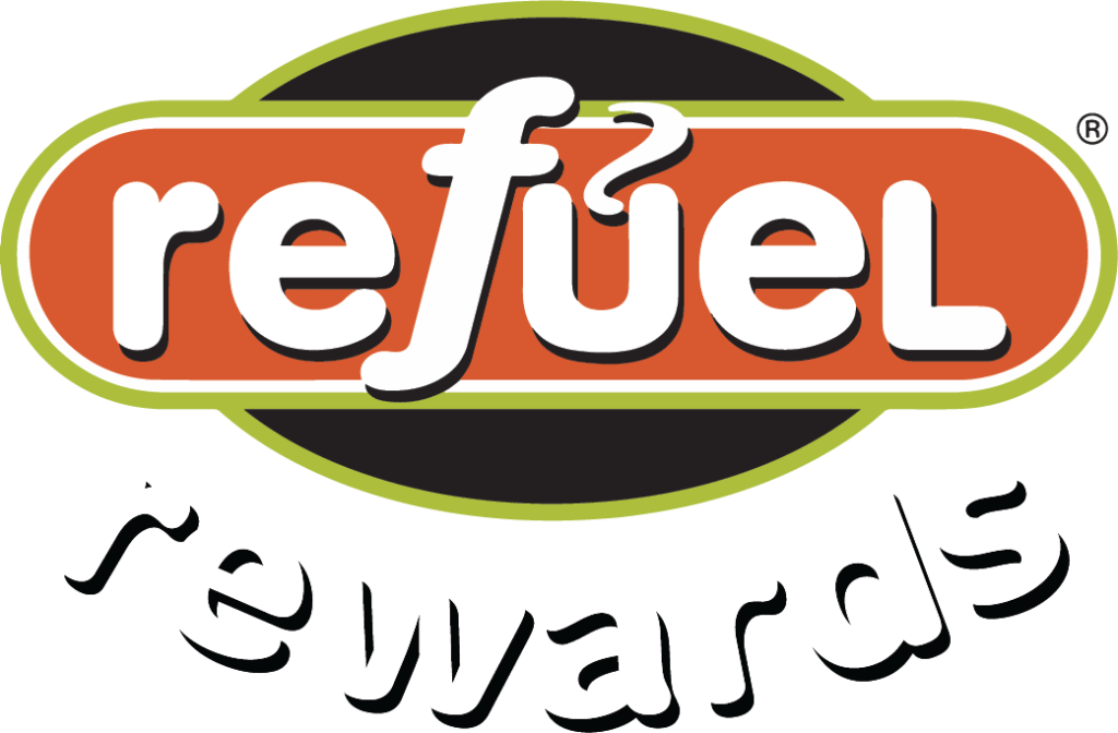 Logo for Refuel Rewards, white version.
