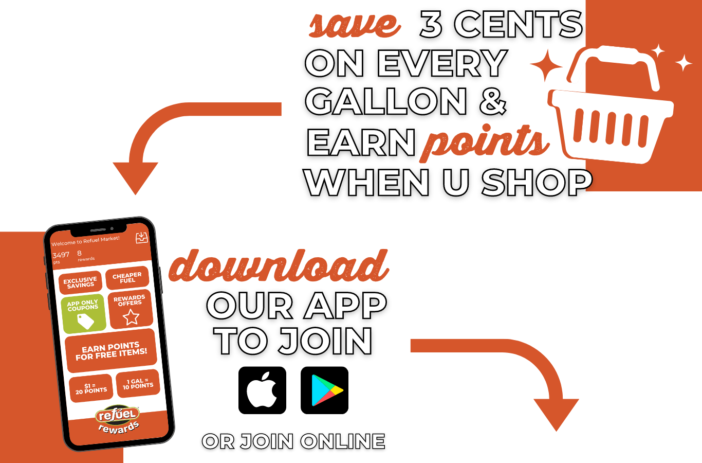 Save 3 cents on every gallon and earn points when you shop, download our app or join online.
