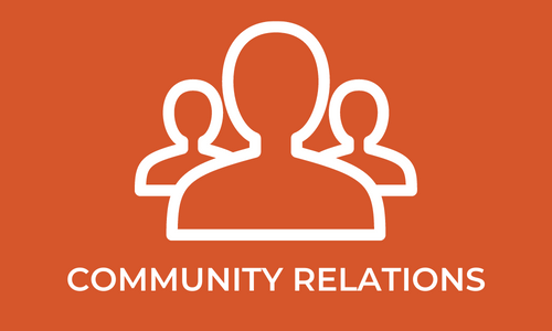 White and orange community relations logo.