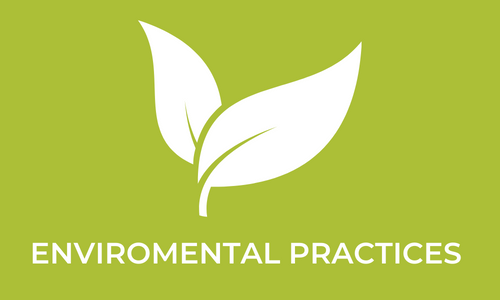 Green and white environmental practices logo.