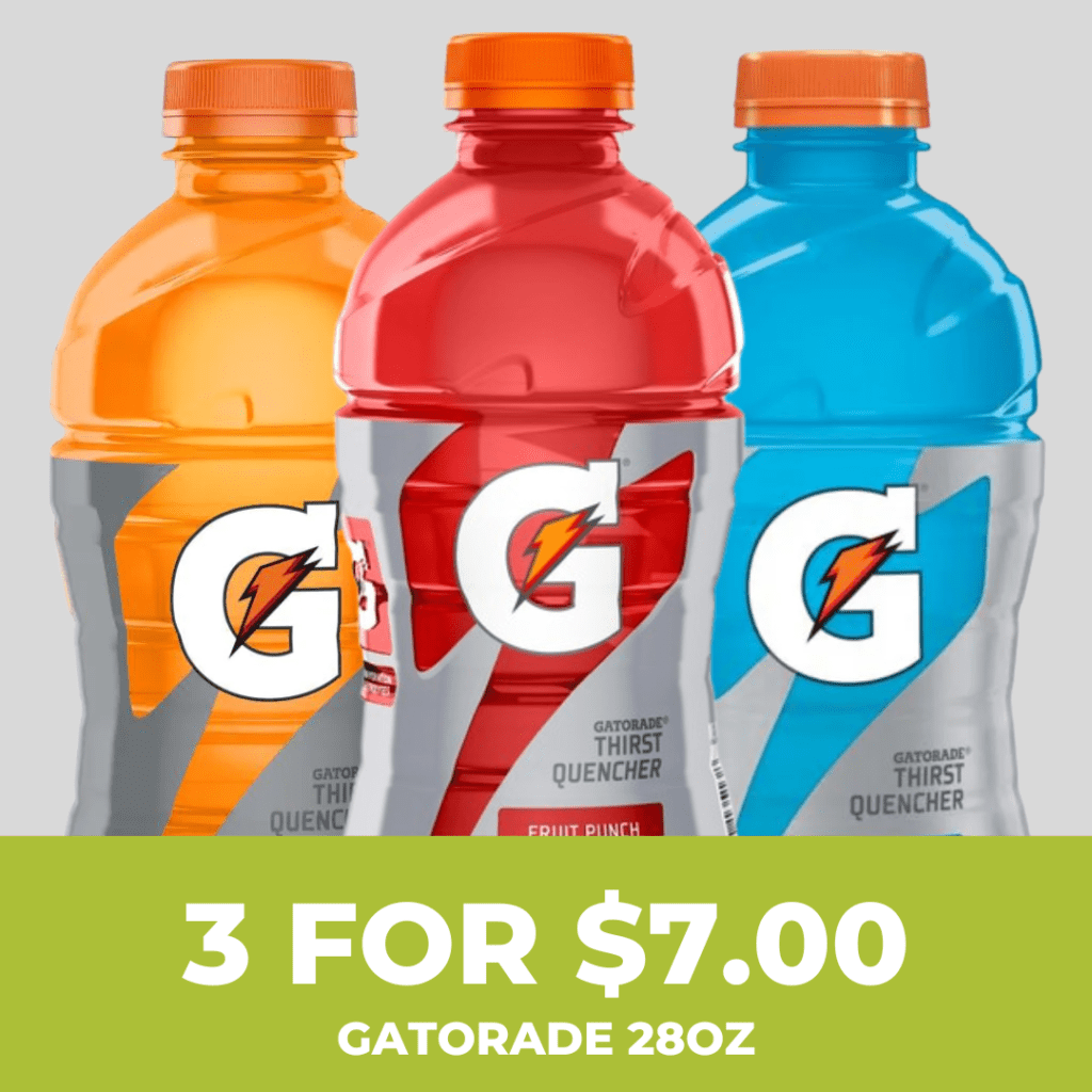 Buy three 28 ounce Gatorade bottles for $7.