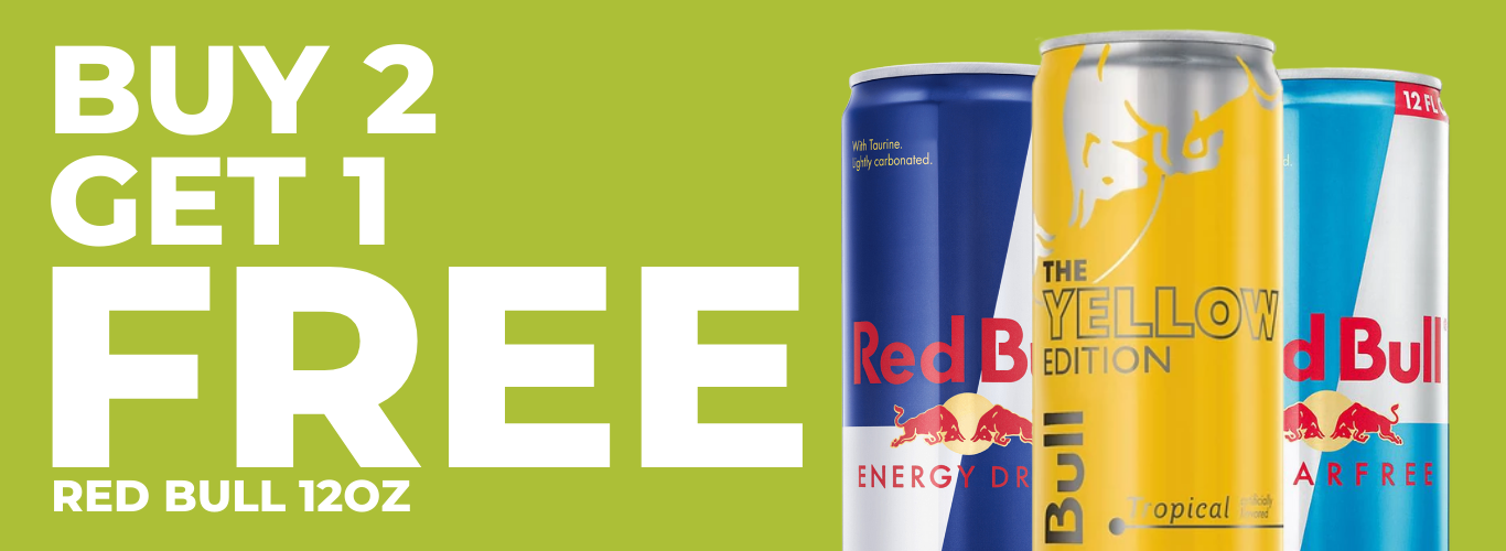 Buy two 12oz Redbull energy drinks and get 1 free.
