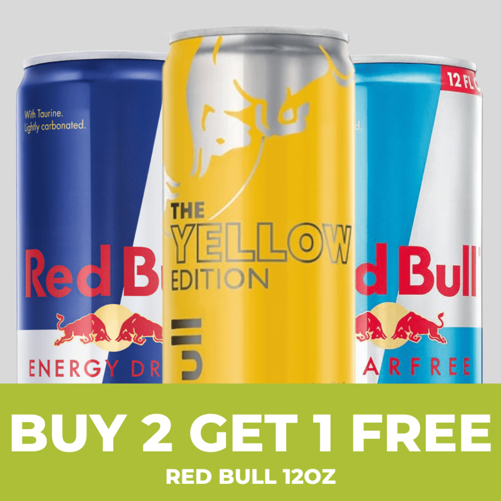 Buy two 12oz Red Bull energy drinks and get one free.