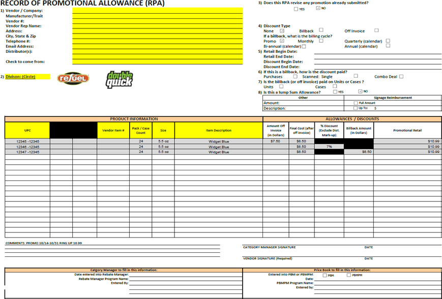 Refuel Example of Record of Promotional Allowance (RPA)